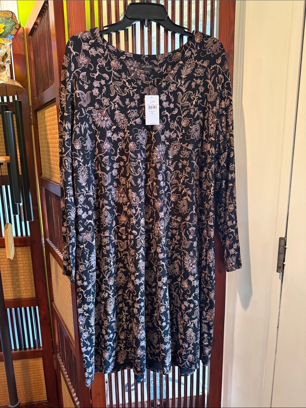NWT J. Jill Long Sleeve Floral Swing Dress in Black and Cream